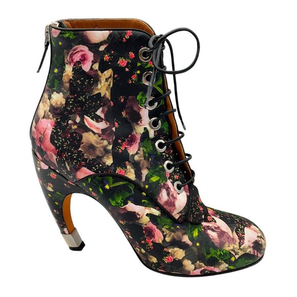 Givenchy Black Multi Floral Printed Leather Lace-Up Boots - Picture 2 of 7